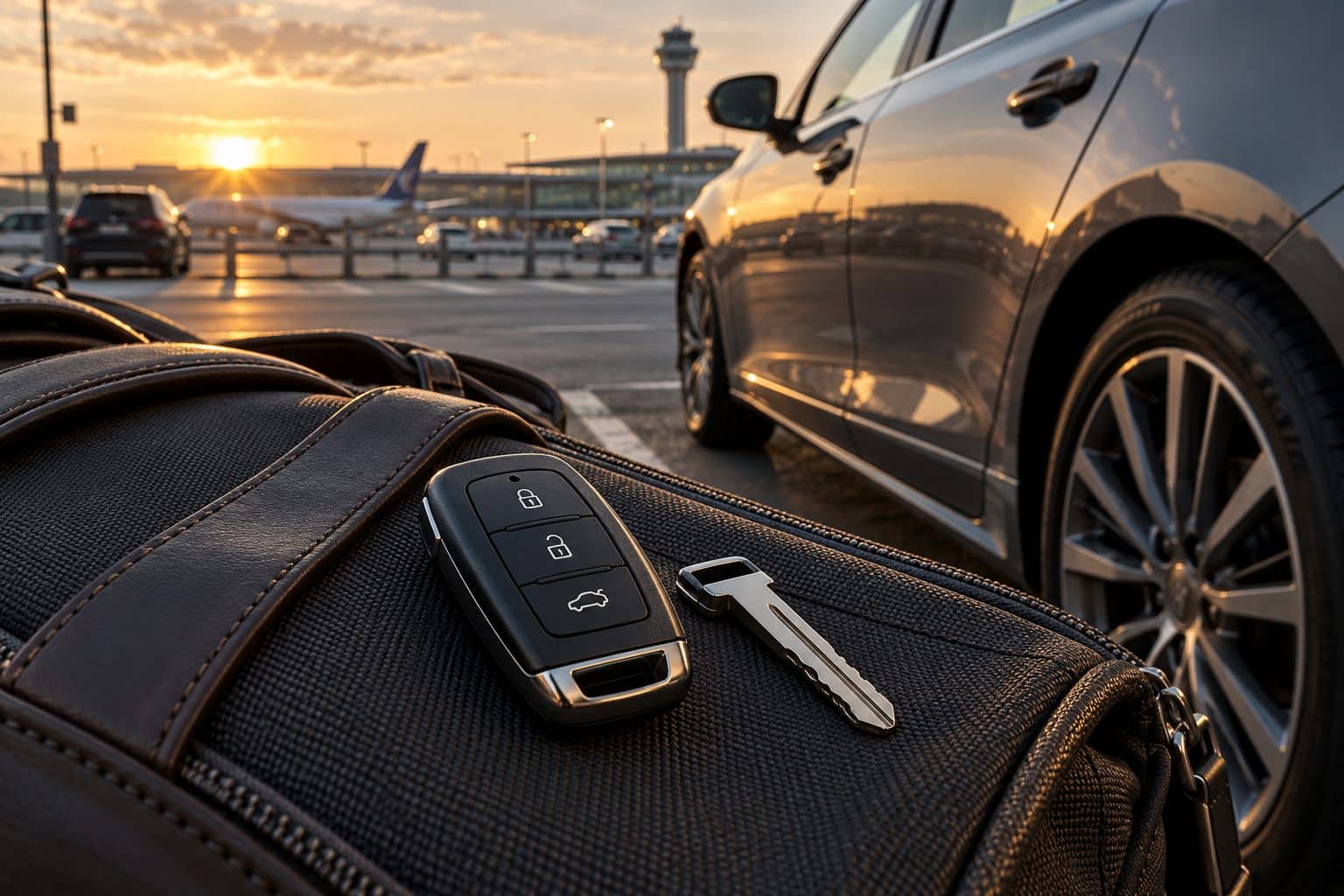 Car key fob and backup key resting on a travel bag