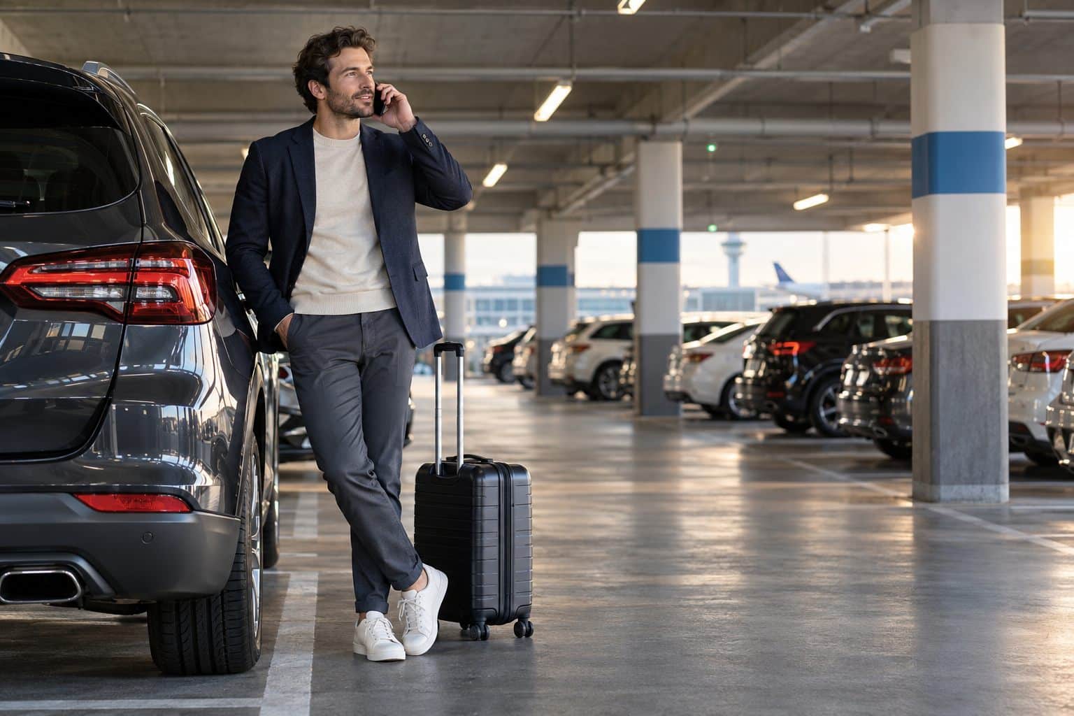 Traveler calling for assistance beside a parked car