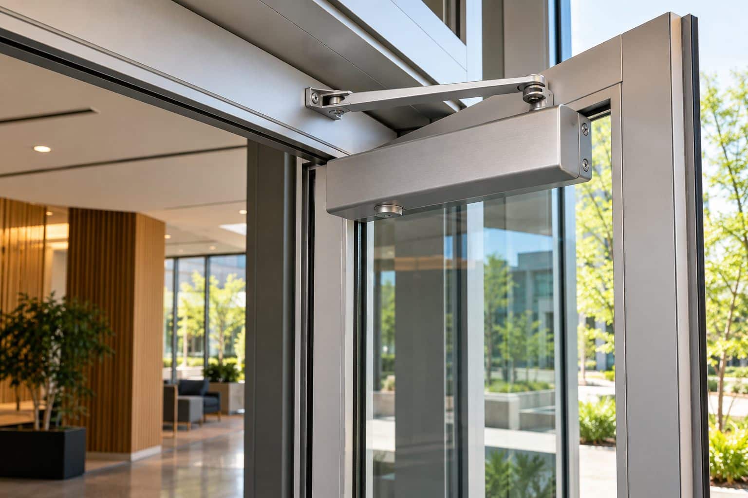 Door closer mounted above a commercial glass entrance