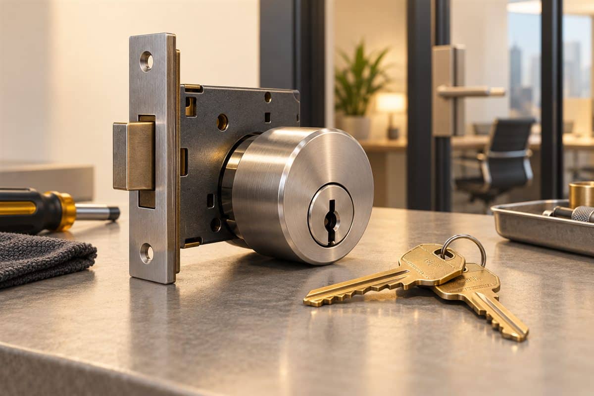 Illustration of a commercial mortise lock and two brass keys on a workbench