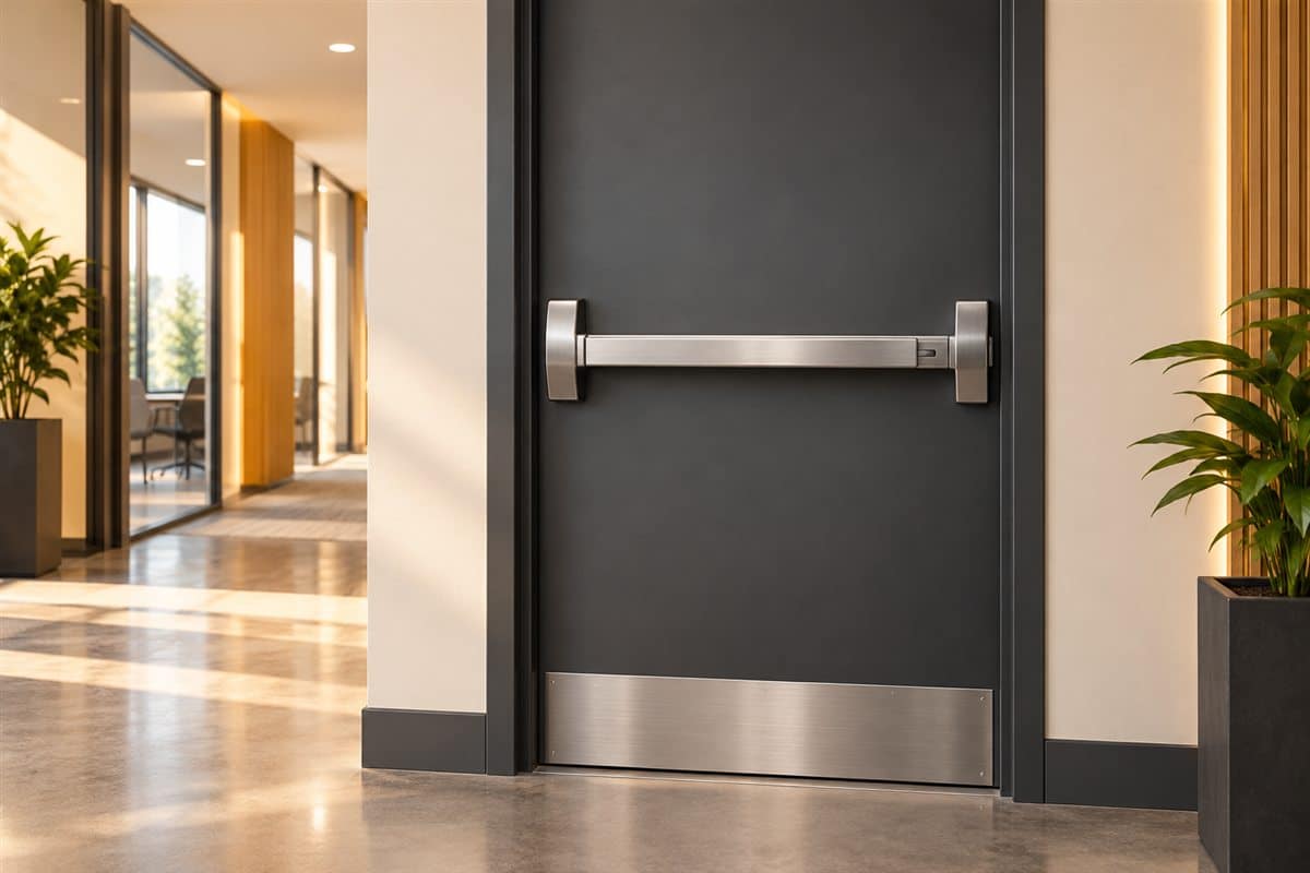 Illustration of a commercial exit door fitted with a horizontal panic push bar