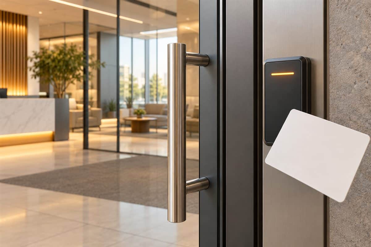 Illustration of an office glass door with a proximity card reader and access card