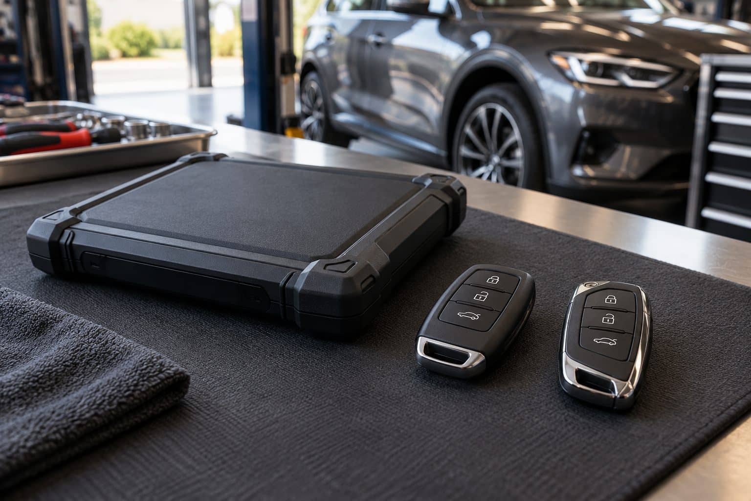 Replacement car key fobs beside diagnostic equipment