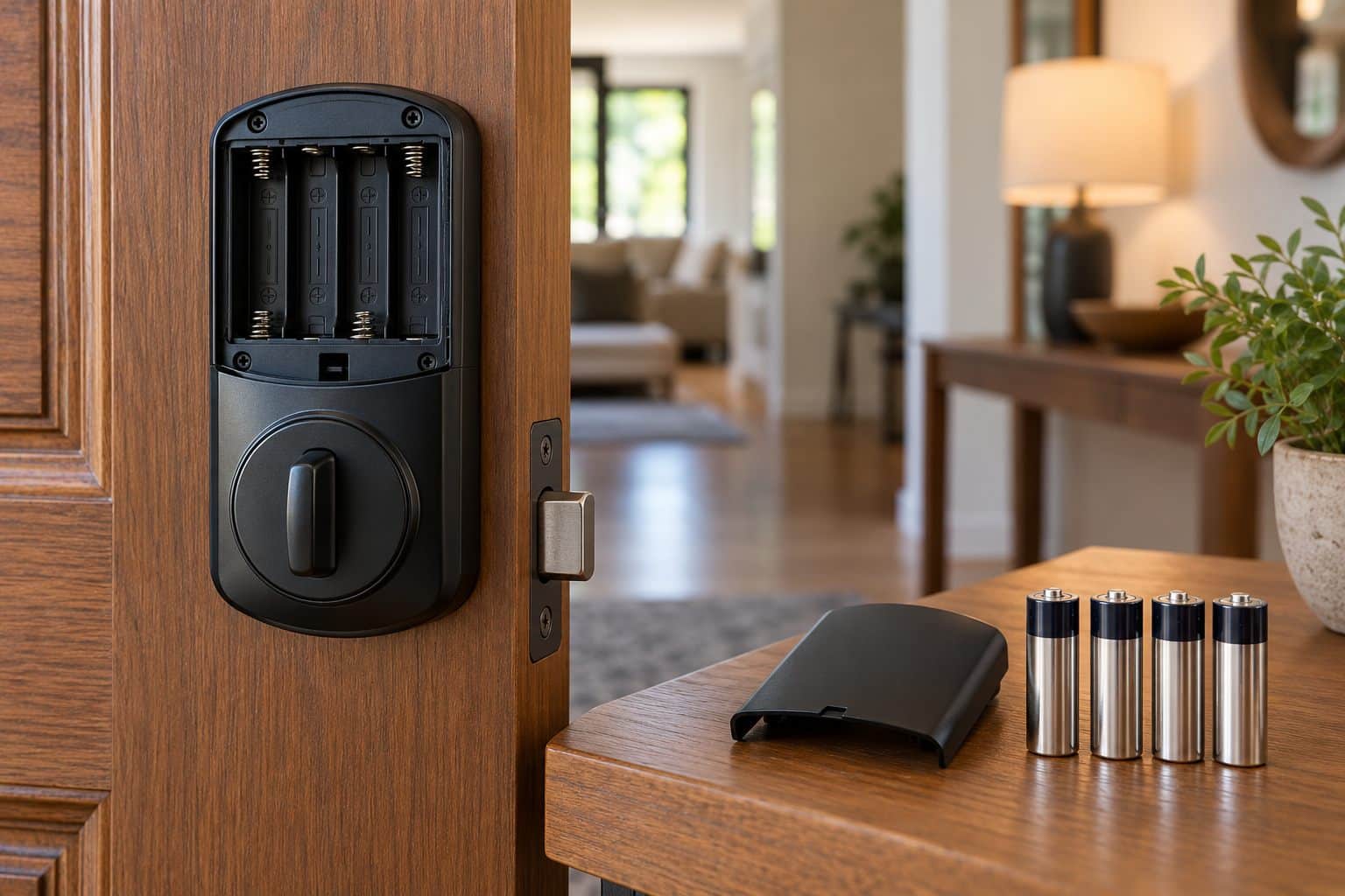Smart lock battery compartment and replacement batteries