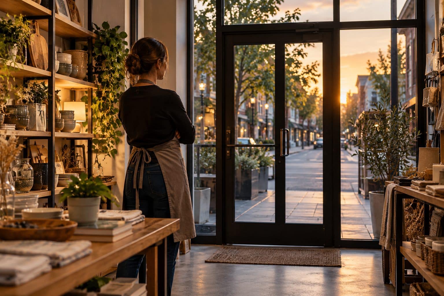 Shop manager checking the entrance at closing time